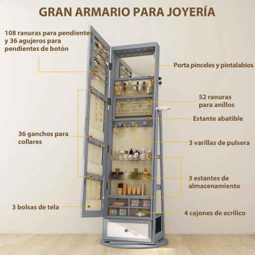 Espejo Joyero con Luces LED Armario Joyero con Espejo Entero Giratorio de 360° Cajón Cerradura Gris Claro [3]