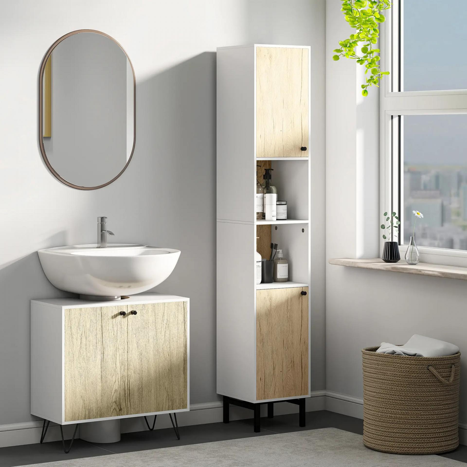 Columna de Baño con 6 Compartimentos para Ducha Aseo Dormitorio Estilo Moderno 31,5x30x169 cm Blanco y Roble