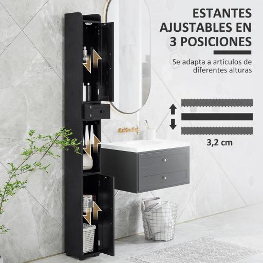 Columna de Baño con 2 Puertas Compartimento Abierto Estantes Ajustables y Portarrollos 20x20x185 cm Negro [4]