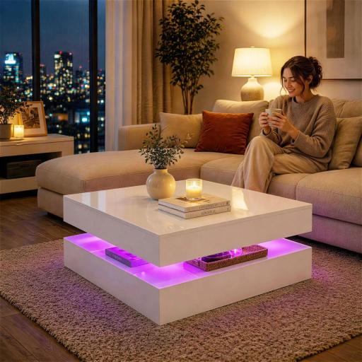 Mesa de Centro con LED RGB de Alto Brillo con Almacenamiento Abierto y Mando a Distancia 78x78x40 cm Blanco Brillante [7]