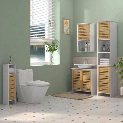 Mueble para Debajo del Lavabo Moderno con Puertas Magnéticas de Bambú y Estante Ajustable 60x30x60 cm Blanco y Natural