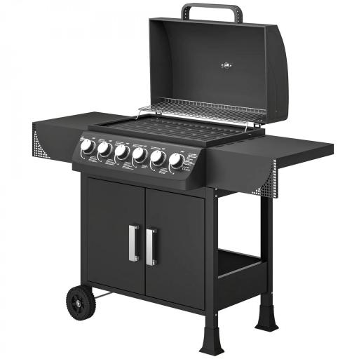 Barbacoa de Gas con 6 Quemadores 15 kW Termómetro Parrilla Mesas Laterales Armario y Ruedas 135x51x101 cm Negro [8]