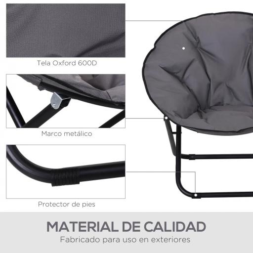 Silla de Platillo Plegable Silla de Luna con Asiento de Tela Oxford y Patas de Metal Carga 120 kg 80x80x75 cm Gris [4]