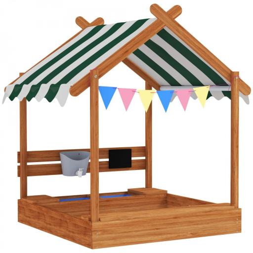 Arenero Infantil con Toldo 6 Banderines 2 Bandejas Grifo y Pizarra en Forma de Casa para Patio 124x116x146 cm Naranja [9]