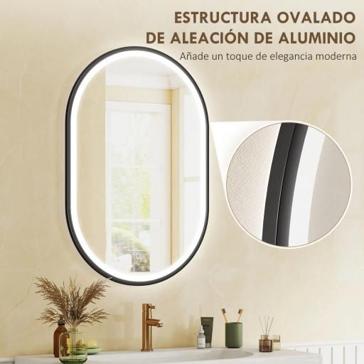 Espejo de Baño con Luz 60x90 cm Espejo de Pared Ovalado 3 Colores de Luz Brillo Regulable Función Antivaho Negro [2]