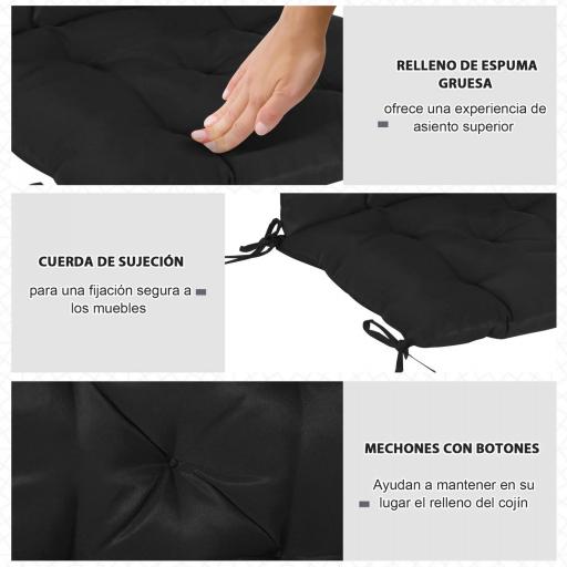 Conjunto de 2 Cojines para Silla 50x98x8 cm con Respaldo 6 Cordones de Fijación para Jardín Terraza Balcón Negro [3]