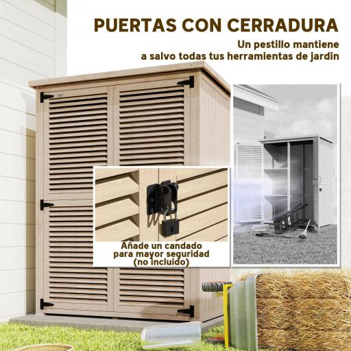Armario de Jardín 0,83 m² 127x65x168 cm con 2 Puertas de Persiana 2 Estantes 2 Asas y Techo Impermeable Natural [4]