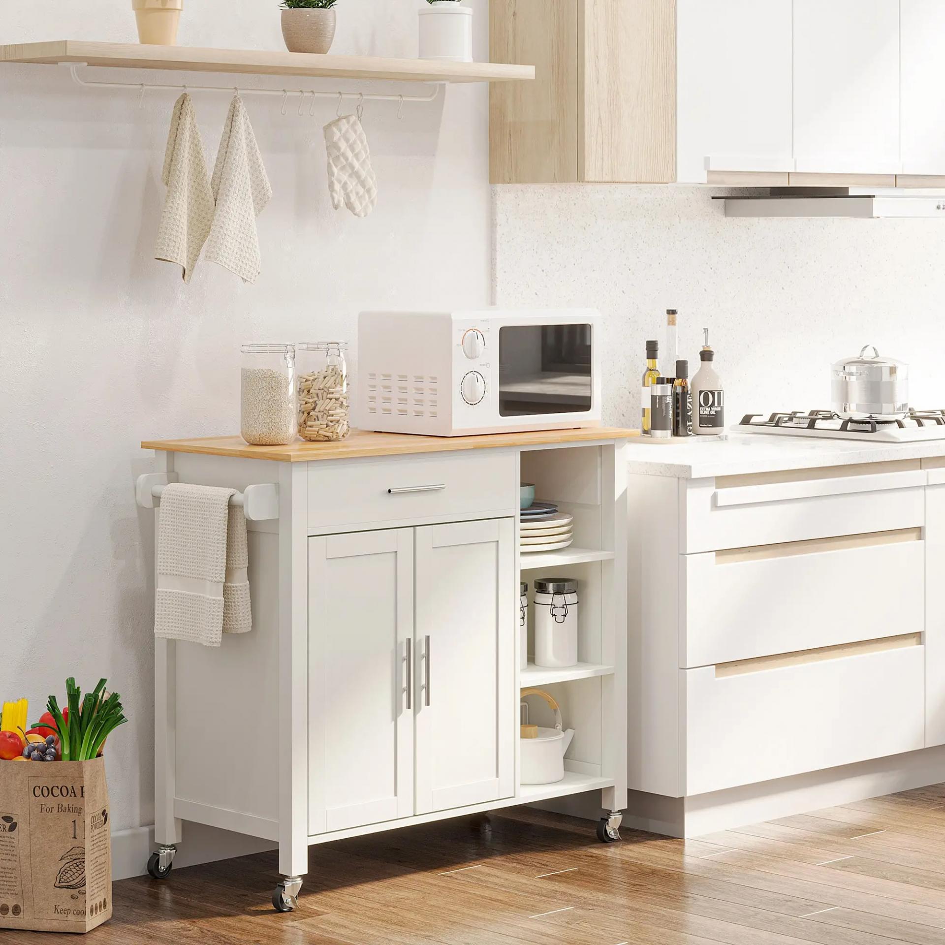 sla de Cocina con Ruedas Mueble Auxiliar de Cocina con Cajón Estantes y Barra Lateral 107,5x48x89 cm Blanco