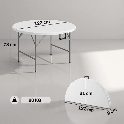 Mesa Auxiliar Redonda Mesa de Jardín Plegable con Marco de Acero y Encimera de HDPE Carga 80 kg Ø122x73 cm Blanco [2]