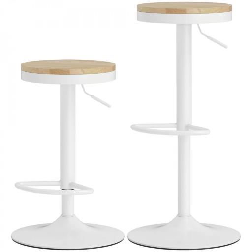 Juego de 2 Taburetes Altos de Cocina con Altura Ajustable Asiento de Madera Marco de Acero y Reposapiés Natural y Blanco [8]