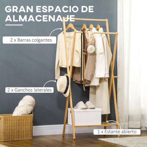 Perchero de Pie de Bambú con Estante para Zapatos 2 Barras y 2 Ganchos para Dormitorio Entrada 74x42x150 cm Natural [6]