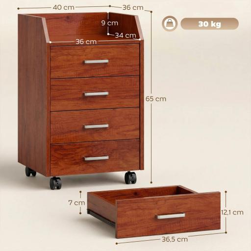 Cajonera de Escritorio con Ruedas Cajonera de Oficina con 4 Cajones Archivador Móvil para Estudio 40x36x65 cm Marrón [1]