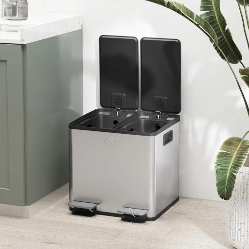 Papelera Cocina de Acero Inoxidable con 2 Compartimentos 2x15L Pedal Tapas de Cierre Suave y Cubo Extraíble Plata [7]