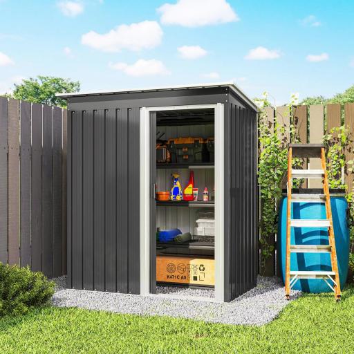 Cobertizo de Jardín Exterior 1,16 m² 163x89x182 cm Caseta Metálica con Puerta Corredera y Techo Inclinado Negro [7]