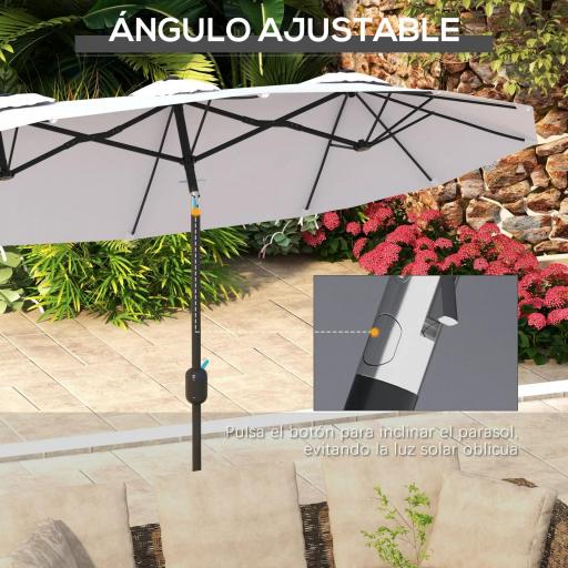 Sombrilla Doble de Jardín 295x152x222 cm con Inclinación de 45° y Manivela Manual para Terraza Balcón Piscina Crema [6]