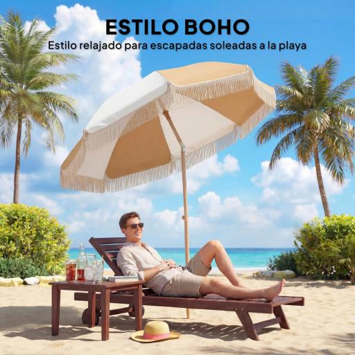 Sombrilla de Playa con Flecos Ø175 cm Sombrilla de Terraza Exterior con Altura Ajustable Inclinación 30° Blanco y Beige [4]