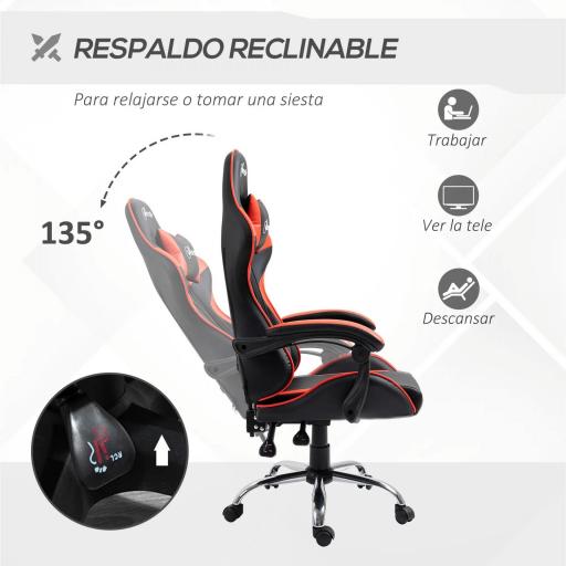 Silla Gaming Silla Racing Giratoria con Altura Ajustable Reclinable de 135° y Cojín Lumbar 63x67x122-130 cm Rojo [4]