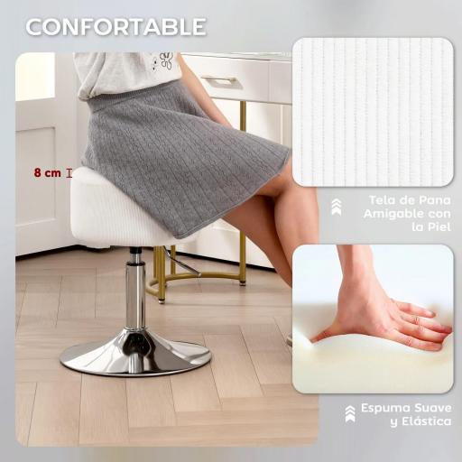 Taburete de Cocina Regulable en Altura 52-66 cm Tapizado en Pana Giratorio en 360° Blanco [6]