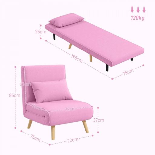 Sofá Cama Individual Tapizado en Lino con Respaldo Ajustable en 5 Posiciones y Almohada 72x75x85 cm Rosa [4]