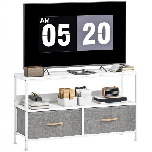 Mueble de TV con Estante y 2 Cajones de Tela Plegables para Televisores hasta 47 Pulgadas Largo de 98 cm Blanco y Gris [9]