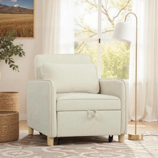 Sillón Cama Individual 3 en 1 Sofá Cama Plegable con Respaldo Ajustable y Cojín para Salón 74x85,5x82 cm Beige [6]