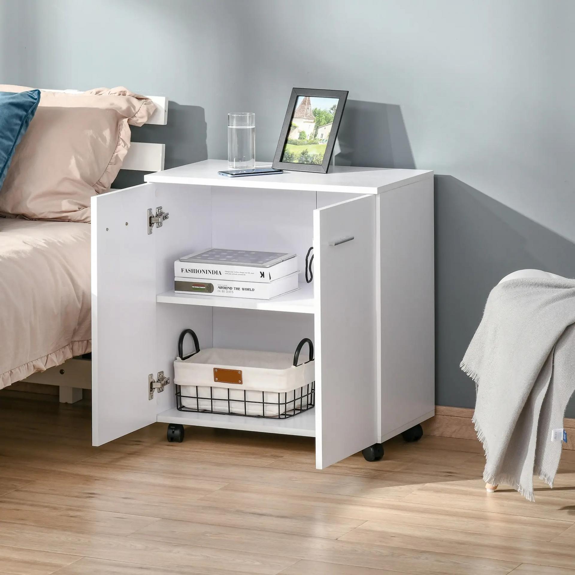 Mesa Armario Movil Mueble TV de Madera Con Ruedas y 2 Puertas Consola Cajonera 60x35x65cm