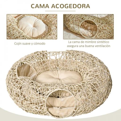Cama para Gatos de Ratán 78x69x22 cm Cesta para Gatos Rolliza con Cojín Suave 3 Orificios de Acceso Túnel para Gatos Madera Natural [5]