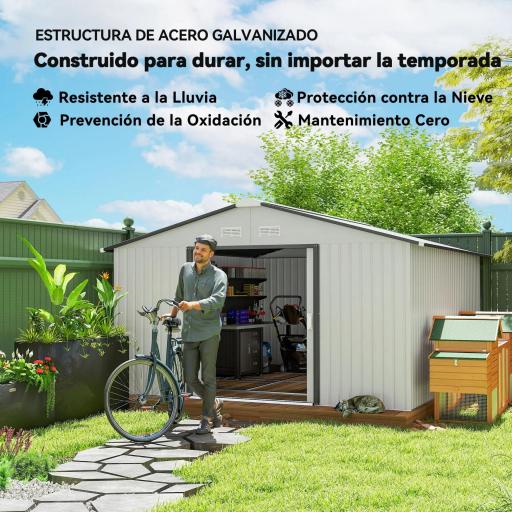 Cobertizo de Jardín Exterior 12,4 m² 340x386x200 cm con Puerta Corredera Techo Inclinado y 4 Ventanas Blanco [2]