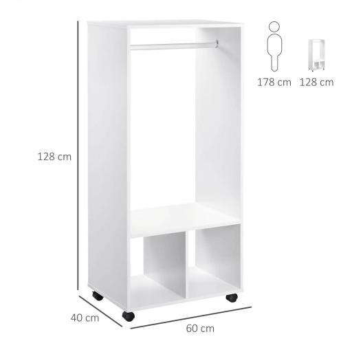 Armario Abierto con Ruedas Barra y Estantes para tener Ropa Colgada y Doblada 60x40x128 cm Blanco [1]