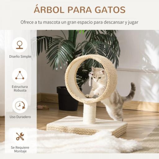 Árbol para Gatos Pequeño 61x41x50 cm Torre de Rascado de Gato con Túnel Superior Poste Rascador de Yute Natural y Juguete de Rata Colgante Beige [4]