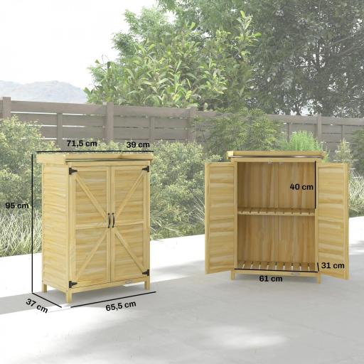 Cobertizo de Jardín Exterior de Madera con Techo de Metal y Ganchos para Almacenaje Herramientas 71,5x39x95 cm Natural [1]