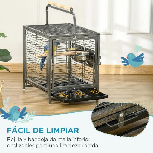 Jaula para Pájaros Portátil con 2 Perchas de Madera 2 Comederos y Bandeja Extraíble 48x38x47,8 cm Negro [3]