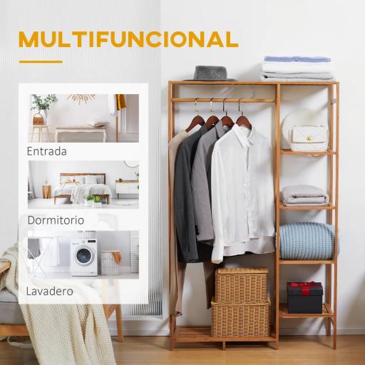 Perchero de Pie de Bambú Perchero para Ropa con Estantes de Almacenamiento y Varilla Colgante 90x30x145 cm Natural [5]