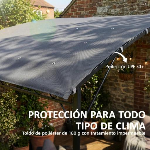 Pérgola de Pared 2,8x3,8 m con Techo Inclinado Orificios de Drenaje y Estructura Metálica Gris [5]