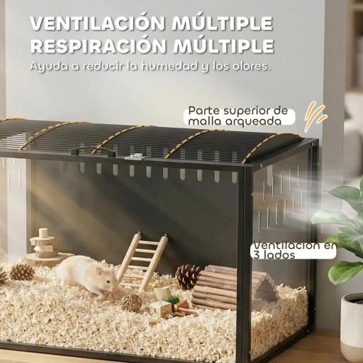 Jaula para Hámster Grande 105x51x53 cm con Tapa Ventilada Abatible, Marco de Acero, Paneles Transparentes Negro [3]