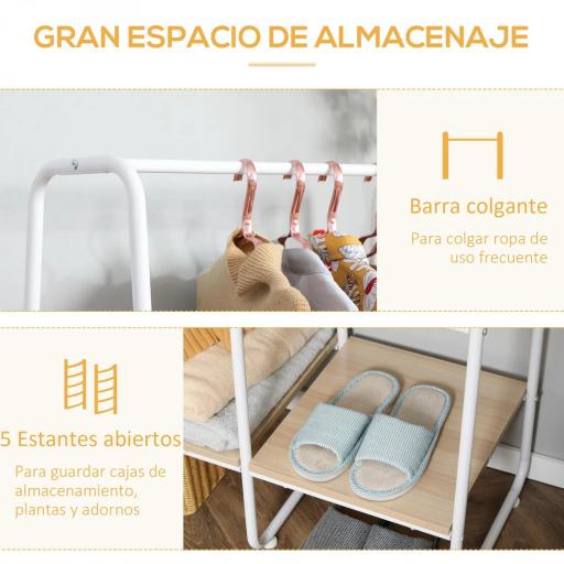 Perchero de Ropa de Madera con 5 Estantes y Barra para Colgar para Dormitorio Salón 101x39x160 cm Natural [6]