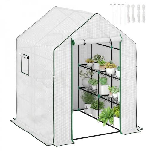 Invernadero de Exterior con 6 Estantes Puerta Enrollable Cubierta de PE y Marco de Acero 140x143x190 cm Blanco [9]