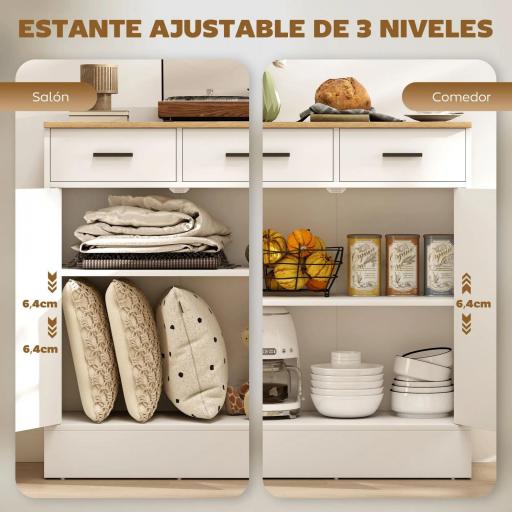 Aparador de Salón con 2 Puertas 2 Cajones y Estantes Ajustables para Cocina Entrada Dormitorio 68,6x35x90,3 cm Blanco [8]