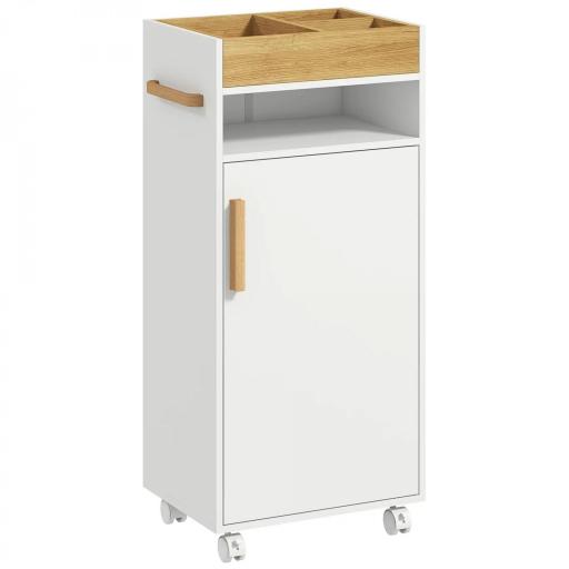 Armario de Baño Moderno con Estantes Ajustables Armario Bandeja Extraíble y Ruedas 40x30x88 cm Blanco y Roble [8]