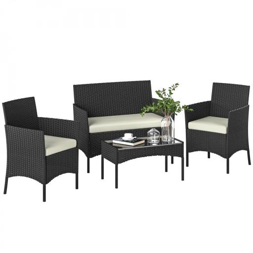 Conjunto Muebles Jardín de Ratán Sintético con Sofá Sillones y Mesa de Vidrio Templado y Cojines Negro y Crema [10]
