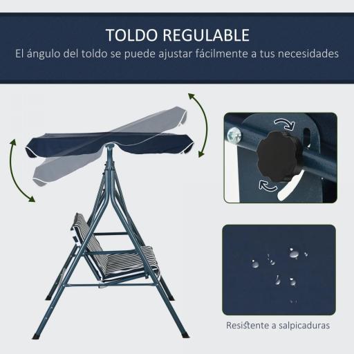 Columpio Balancín de Jardín de 3 Plazas con Cojín Techo Ajustable y Marco de Acero 172x110x153 cm Rayas Azul y Blanco [2]