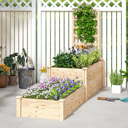 Jardinera Elevada con Celosía de Madera para Plantas Trepadoras y 2 Cajas de Cultivo 222x63x132 cm Natural [8]