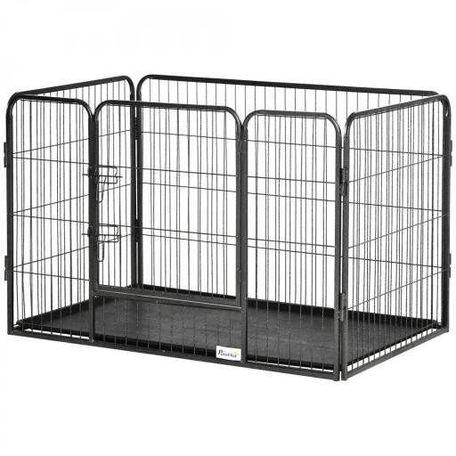 Parque para Mascotas Rectangular Parque de Juegos para Mascotas 4 Paneles de Acero 109x74x71 cm con Puerta de Doble Pestillo y Bandeja Extraíble para Exterior e Interior [10]