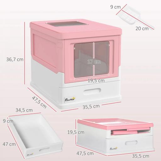 Arenero Cubierto para Gatos Desmontable con Entrada Frontal y Salida Superior con Pala 47,5x35,5x36,7 cm Rosa y Blanco [1]