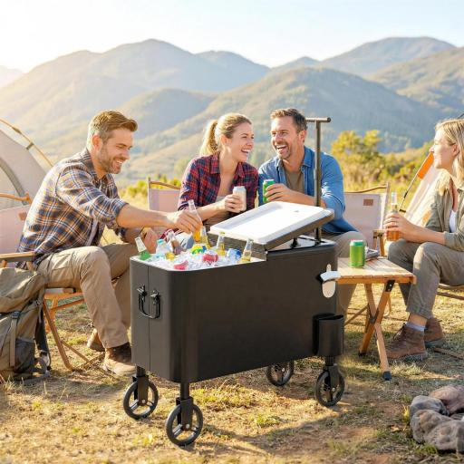Carrito Nevera de 56L con Ruedas Mango Ajustable Abrebotellas Recogetapas Drenaje y Asa 75x35x120 cm Negro