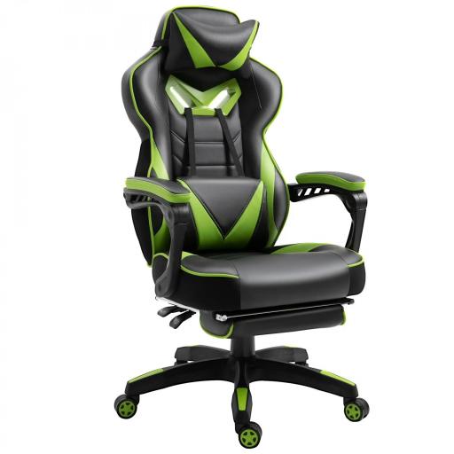Silla Gaming Ergonómica Silla de Escritorio de Oficina Regulable en Altura Reclinable Respaldo con Reposapiés Reposacabezas Cojín Lumbar Ruedas 65x70x118,5-128,5 cm Verde [7]