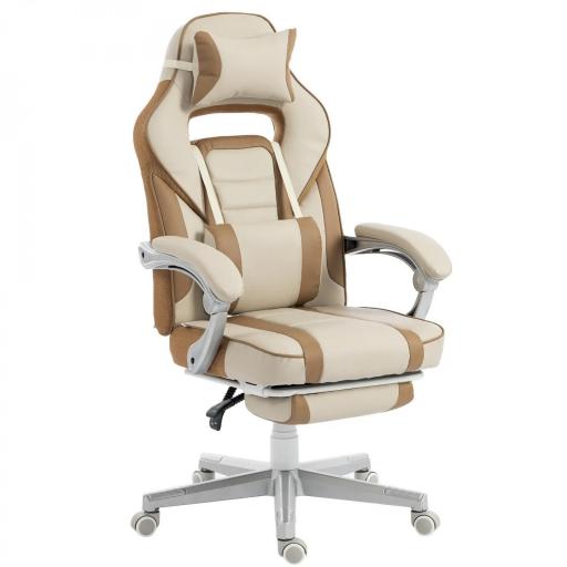 Silla Gamer Reclinable con Altura Ajustable Reposapiés Retráctil Soporte Lumbar y Reposacabezas Desmontable Crema [8]