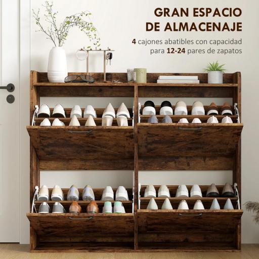 Zapatero Estrecho con 4 Compartimentos Abatibles Divisores Ajustables para 24 Pares con Antivuelco 120x24x103 cm Marrón [2]