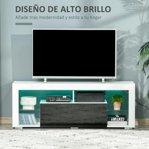 Mueble de TV para Televisiones de 55'' Mesa para TV de Salón con Luz LED 6 Modos de Colores 140x35x52 cm Blanco [2]