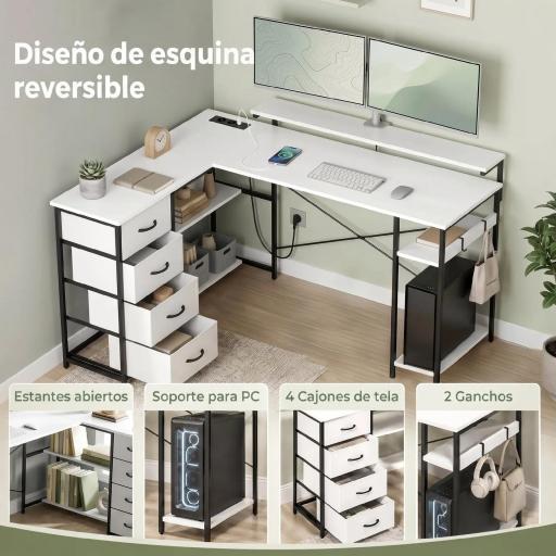 Escritorio en L Reversible con 4 Cajones de Tela 2 Enchufes y 2 Puertos USB Soporte para Monitor 155x112 cm Blanco [3]